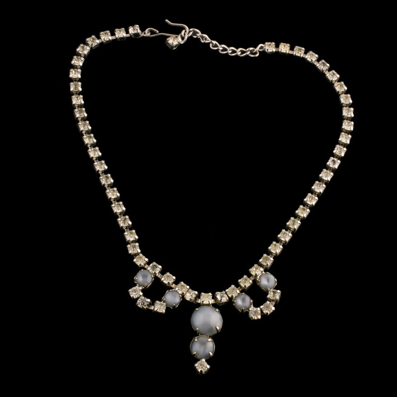 Vintage 1960s silver metal rhinestone and blue moonstone glass single strand choker adjustable length necklace