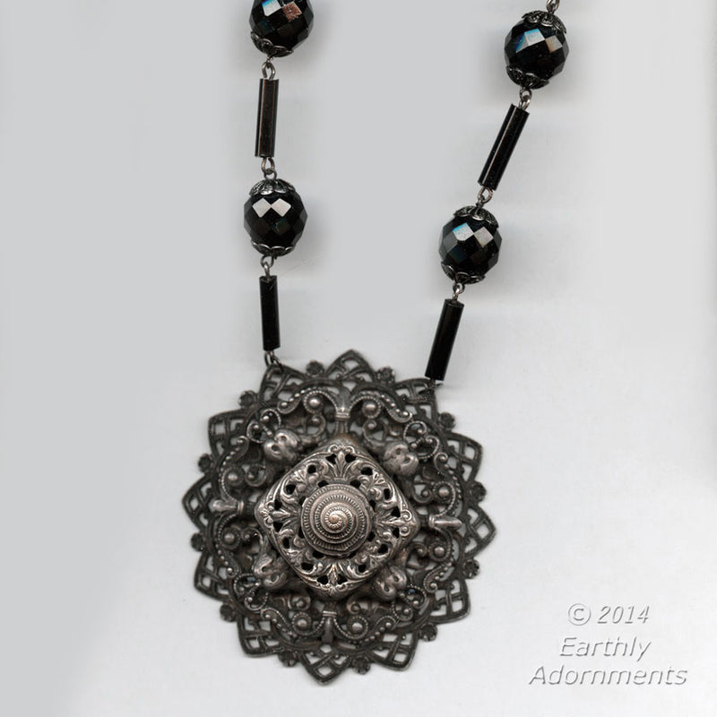 Antique turn of the century Bohemian silver metal and jet glass necklace.