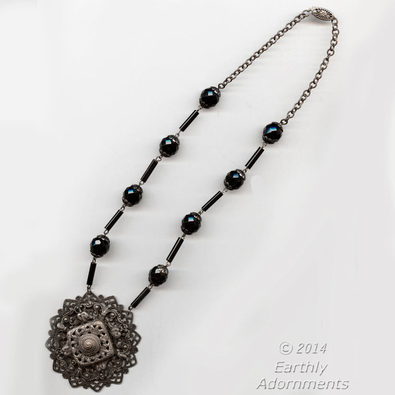 Antique turn of the century Bohemian silver metal and jet glass necklace.