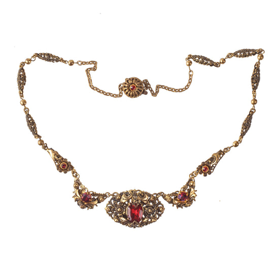 Layered Brass, Red Glass Necklace, 20th century. j-nled500