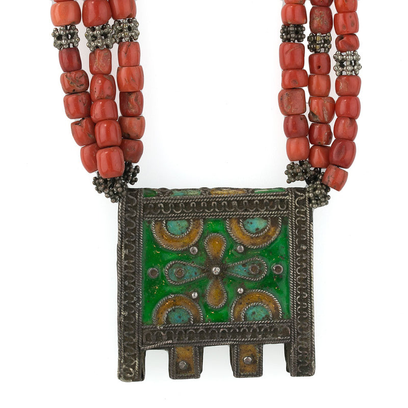 Moroccan Berber necklace with enameled silver amulet box, Mediterranean coral and silver beads