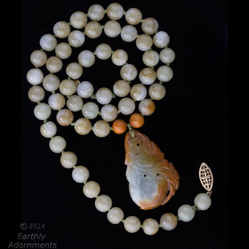 Vintage estate Burmese natural jadeite pendant and bead necklace in an array of earth tones