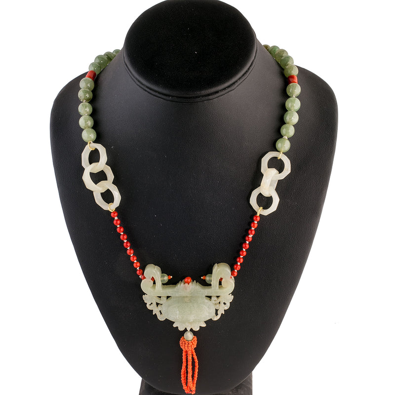 Vintage Chinese nephrite jade carved pendant with coral tassel, Devil's work rings, Jadeite and coral beads necklace