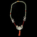 Vintage Chinese nephrite jade carved pendant with coral tassel, Devil's work rings, Jadeite and coral beads necklace