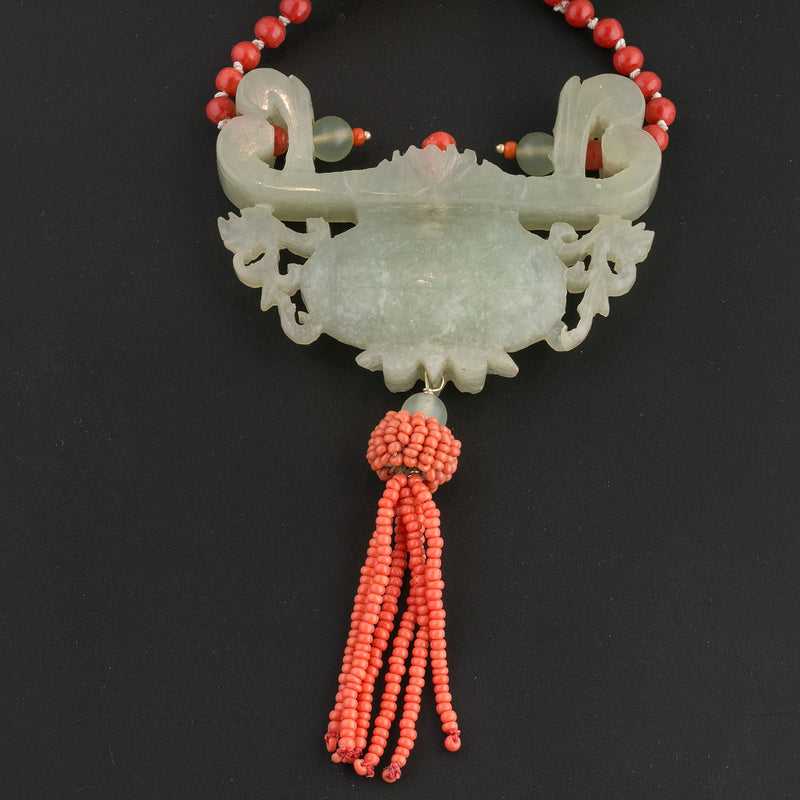 Vintage Chinese nephrite jade carved pendant with coral tassel, Devil's work rings, Jadeite and coral beads necklace