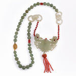 Vintage Chinese nephrite jade carved pendant with coral tassel, Devil's work rings, Jadeite and coral beads necklace