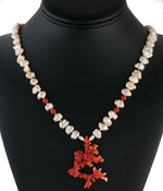 Necklace of vintage Japanese Lake Biwa pearls, oxblood coral beads and sculptural red Mediterranean coral branch pendant