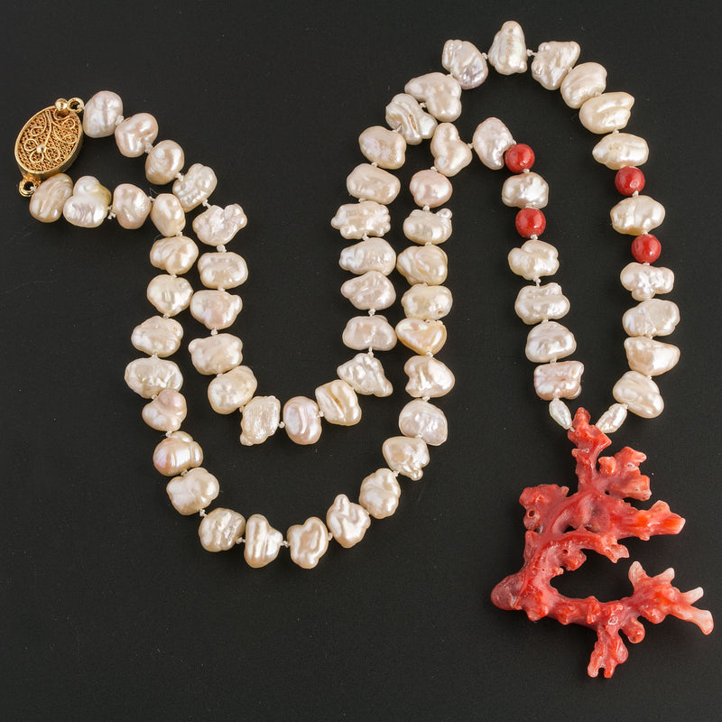 Necklace of vintage Japanese Lake Biwa pearls, oxblood coral beads and sculptural red Mediterranean coral branch pendant