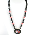 Antique Victorian Pietra Dura stone set in sterling silver bezel and strung with vintage black onyx and Rhodochrosite beads.