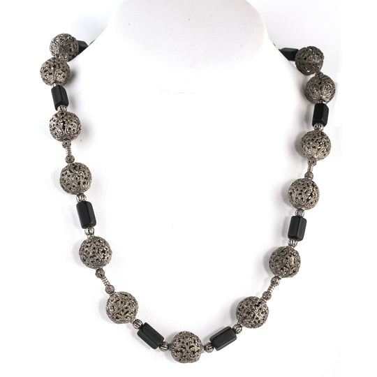Filigree bead, matte black glass bead necklace, 23 inches. j-nlvn871