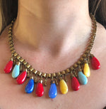 Vintage multi-colored glass and brass bead  fringe bookchain necklace