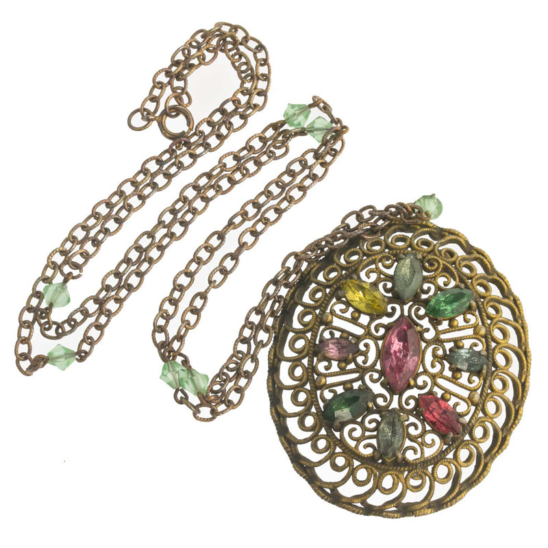 Edwardian brass filigree pendant with multi colored glass stones.