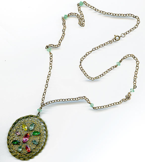 Edwardian brass filigree pendant with multi colored glass stones.