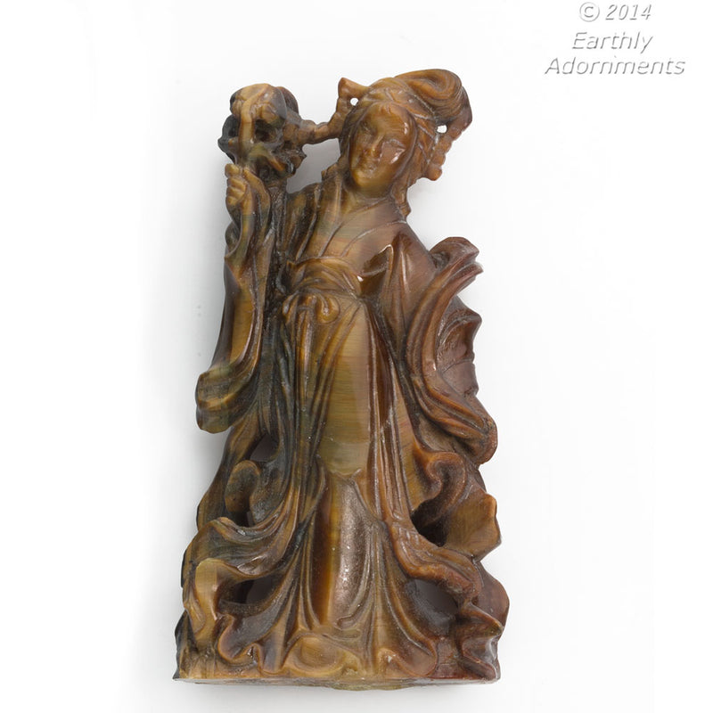 Vintage Chinese tiger eye agate Quan Yin carving