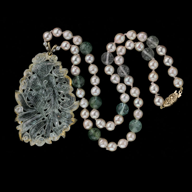 Carved aquamarine pendant necklace with Japanese Akoya semi-baroque pearls and tourmaline beads. 14k yellow gold.