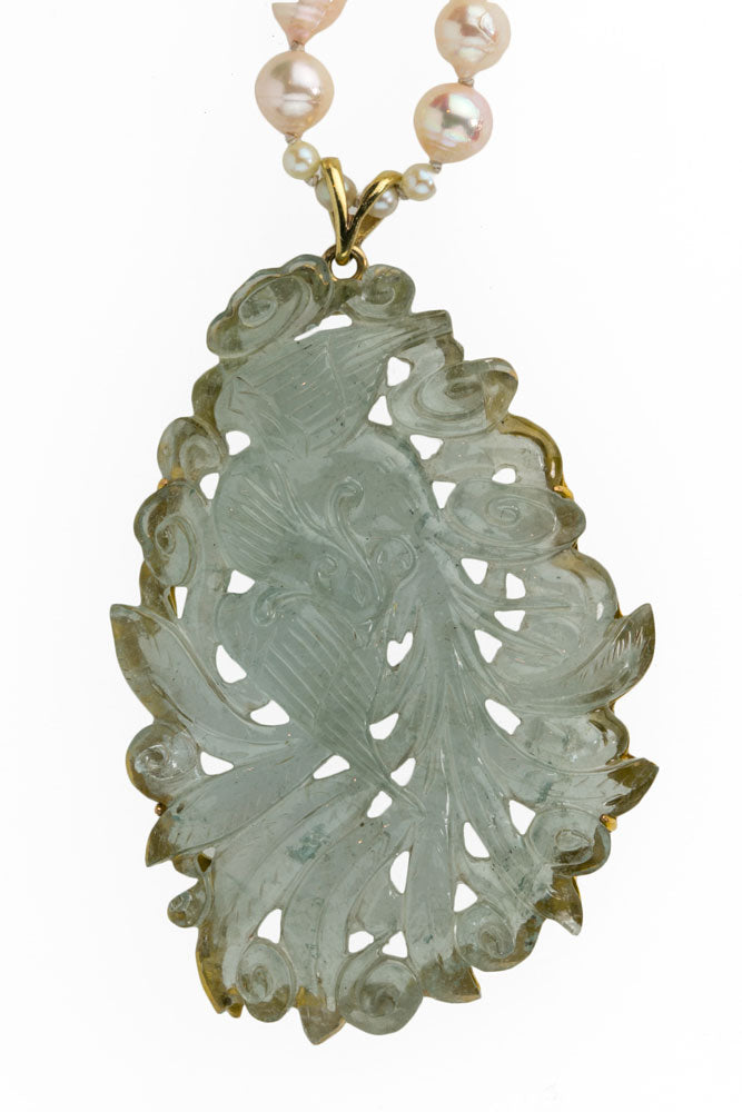 Carved aquamarine pendant necklace with Japanese Akoya semi-baroque pearls and tourmaline beads. 14k yellow gold.