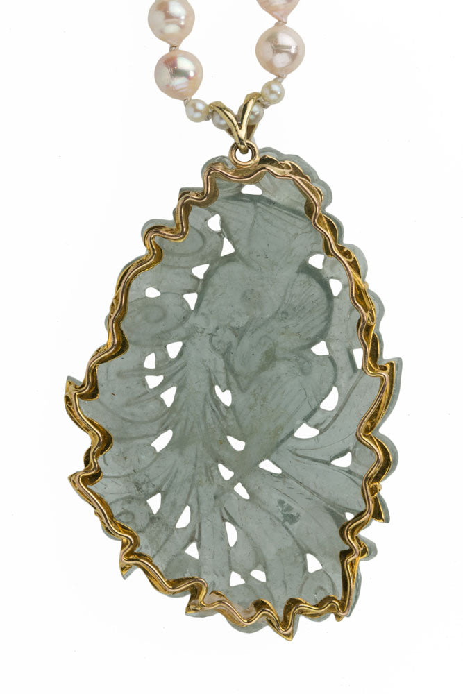 Carved aquamarine pendant necklace with Japanese Akoya semi-baroque pearls and tourmaline beads. 14k yellow gold.