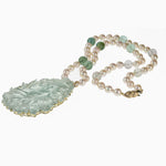 Carved aquamarine pendant necklace with Japanese Akoya semi-baroque pearls and tourmaline beads. 14k yellow gold.