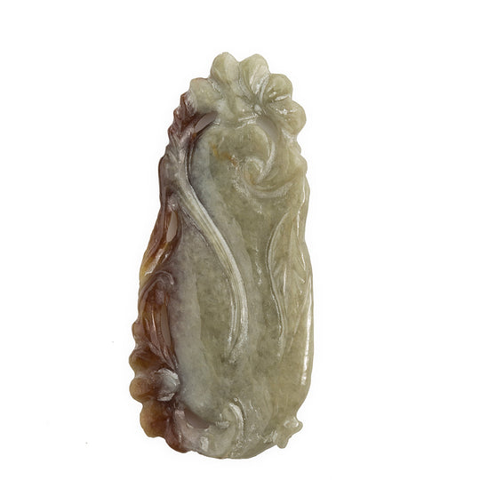 Vintage green and rust red carved jadeite pendant in shape of a gourd. j-pdja704e