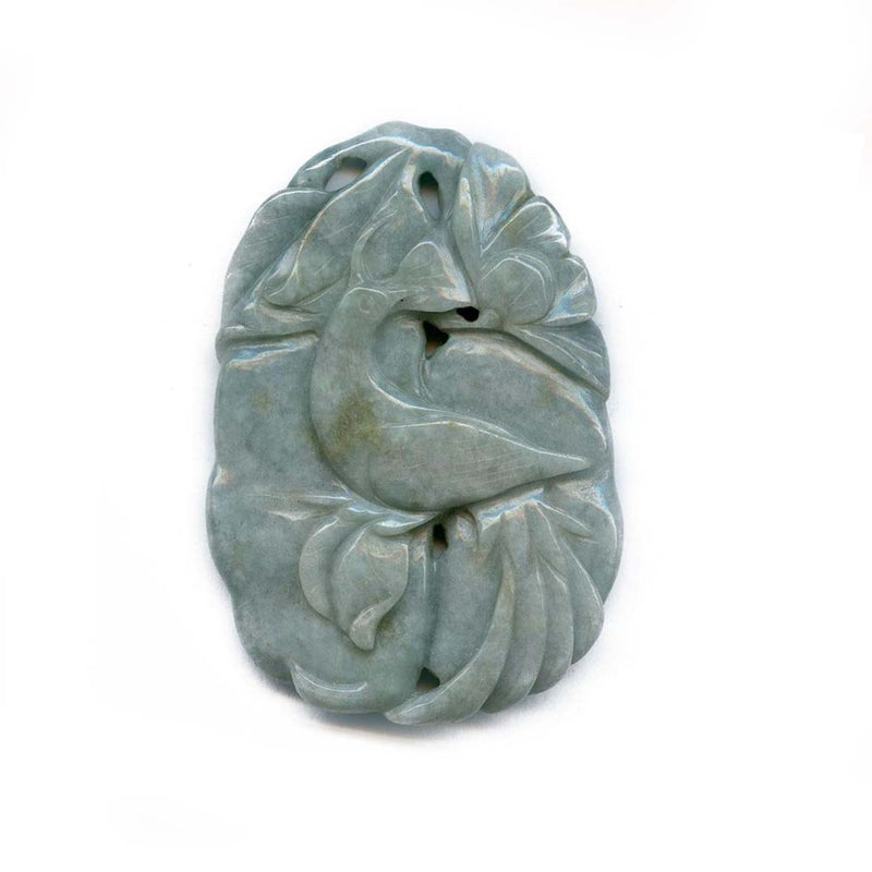 Vintage fine carved celadon nephrite jade pendant. Bird in foliage