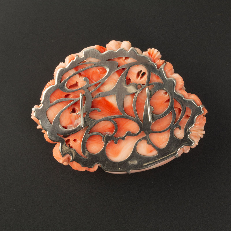 Spectacular Italian carved Mediterranean Angeskin coral flower basket sash ornament. 1950s