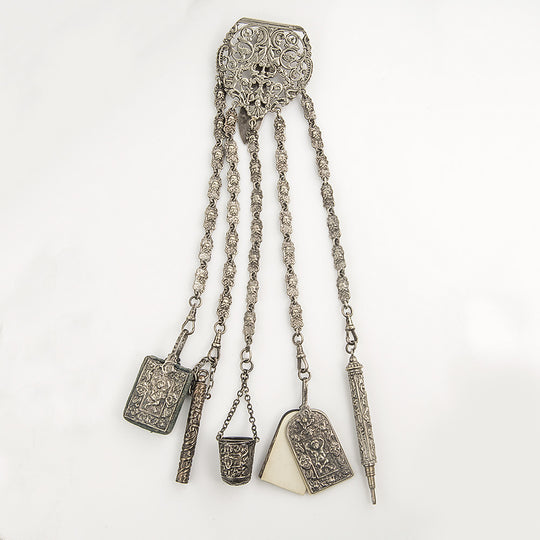 pdvc462- Antique silver plated repousseé sewing chatelaine, 5 chains and tools