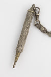 Antique silver plated repousseé sewing chatelaine, 5 chains and tools