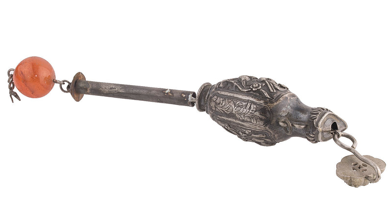 Antique Chinese Qing Dynasty silver repoussé chatelaine figural needle case.