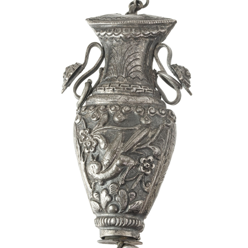 Antique Chinese Qing Dynasty silver repoussé chatelaine figural needle case.