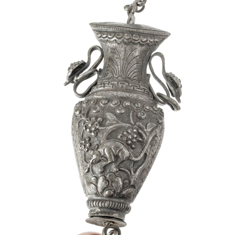 Antique Chinese Qing Dynasty silver repoussé chatelaine figural needle case.