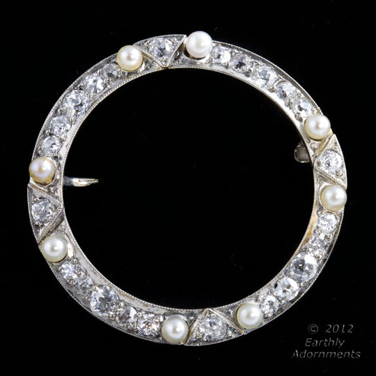 Platinum pearl and diamond art deco pin with approximately 3/4 ct of diamonds 1-1/4 inches. pnfn116e