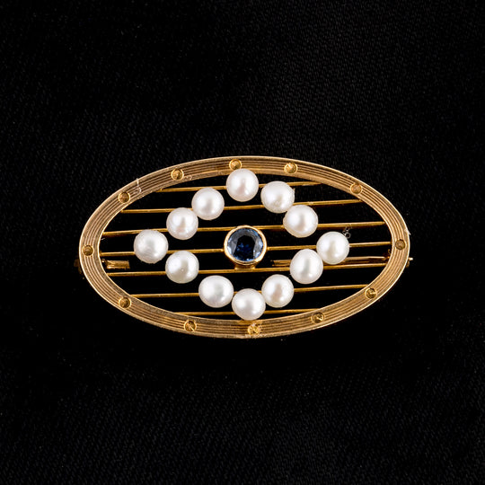 Edwardian Oval Pin or Brooch, seed pearl and sapphire,14k yellow gold. j-pnfn125