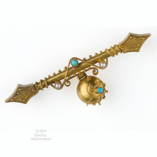 Etruscan revival Persian turquoise and gold Victorian era bar pin. j-pnvc1001e