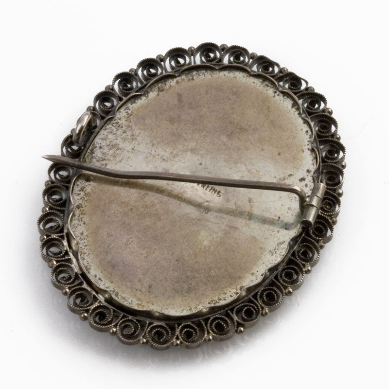 Antique Victorian sterling silver brooch with hand painted