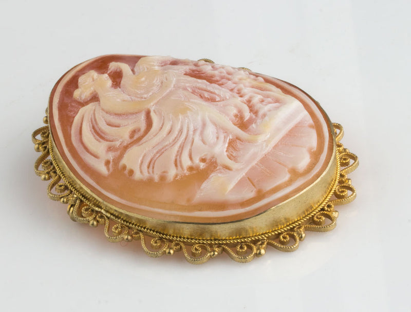 Vintage Leda and the Swan 14k gold shell cameo brooch or pendant