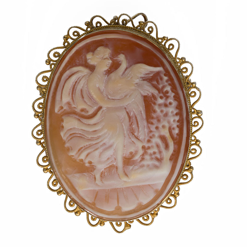 Vintage Leda and the Swan 14k gold shell cameo brooch or pendant