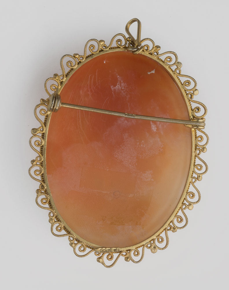 Vintage Leda and the Swan 14k gold shell cameo brooch or pendant