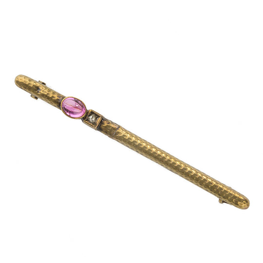 Victorian gold filled bar pin with hammered textured surface with rose cut diamond and amethyst stone. pnvc1075