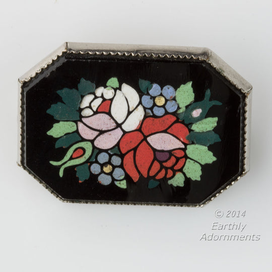 Vintage Edwardian Pietra Dura floral octagonal brooch. pnvc754