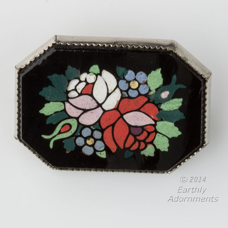 Vintage Edwardian Pietra Dura floral octagonal brooch