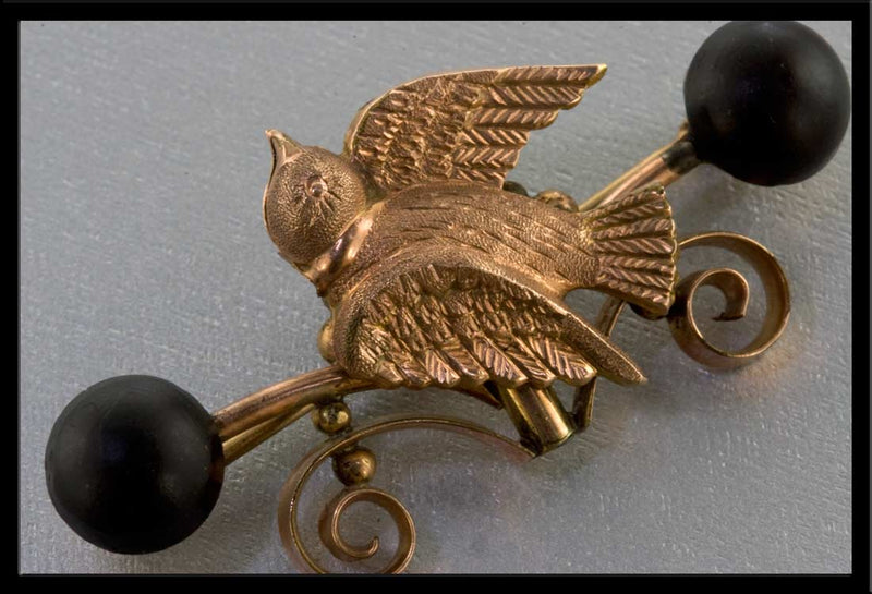 Victorian rolled rose gold overlay mourning pin with vulcanite