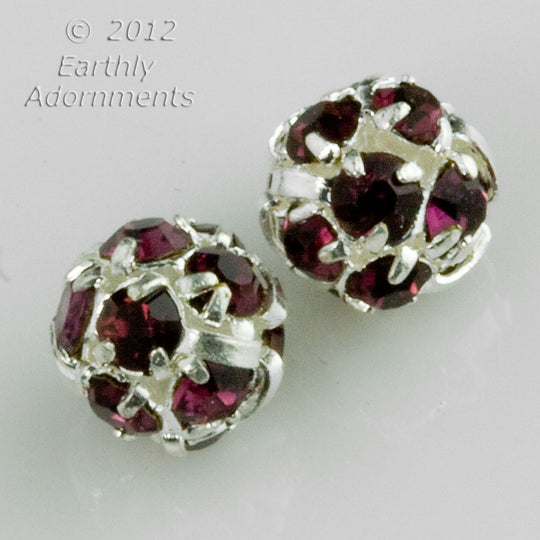 Amethyst rhinestone and silver plated ball bead. Pkg of 2. b11-pp-0891