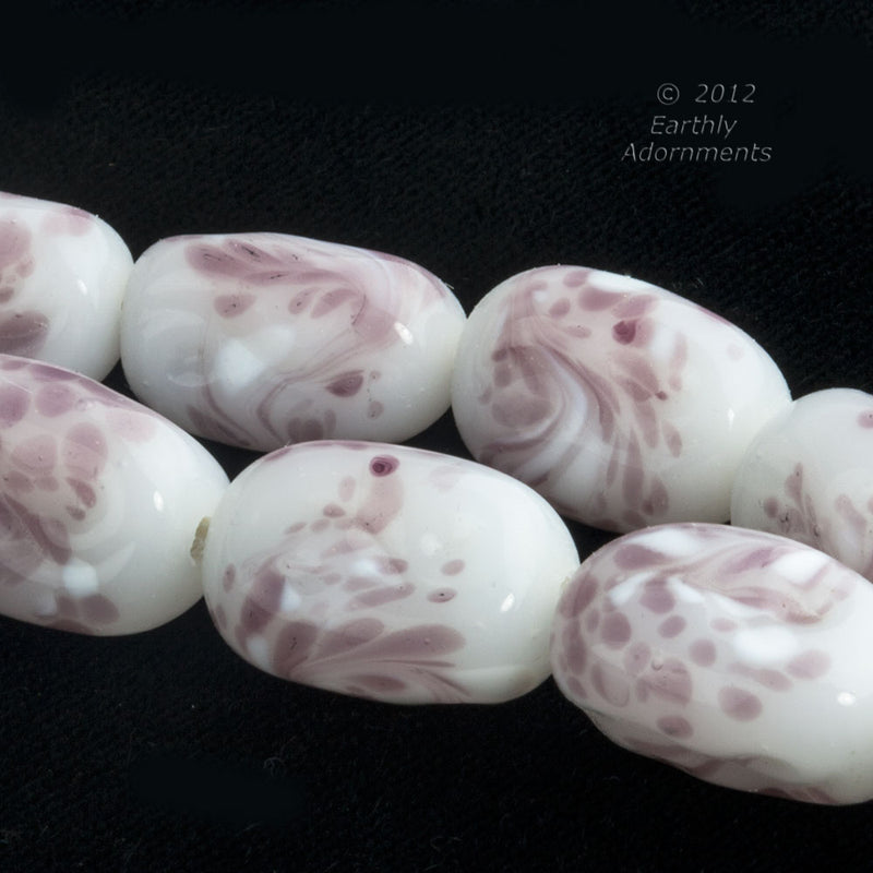 Vintage lampwork mauve and white swirl nuggets, 18x11mm, occupied Japan, Package of 4. 