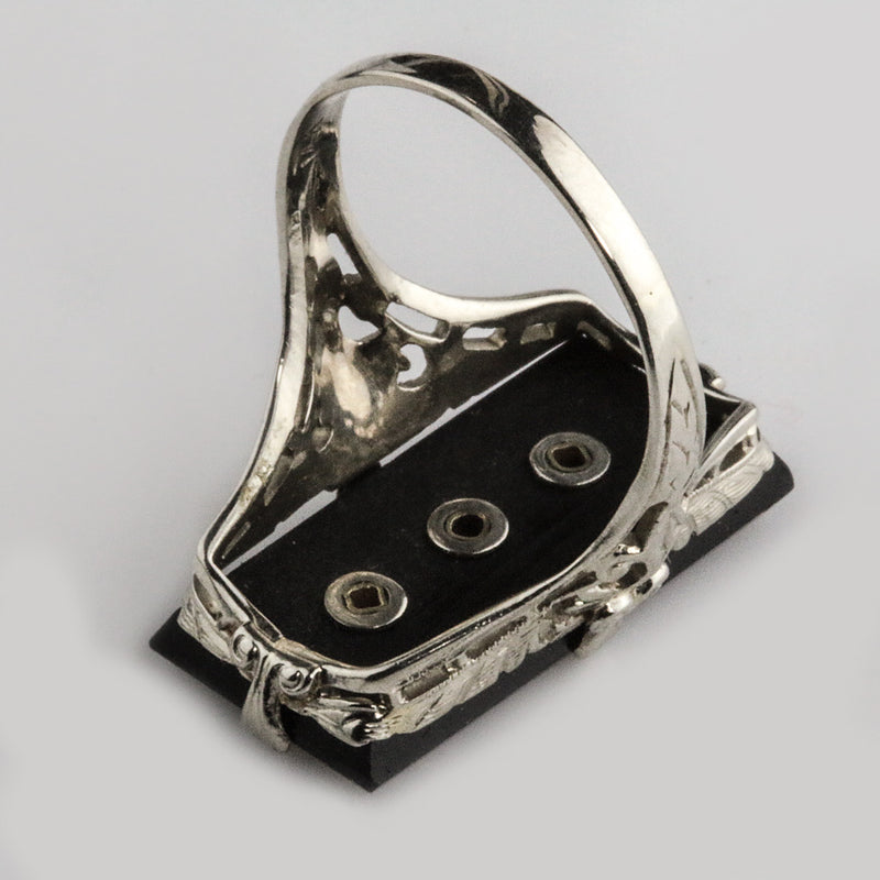 Art Deco onyx, diamond and 14k white gold filigree ring size 6 1/2.