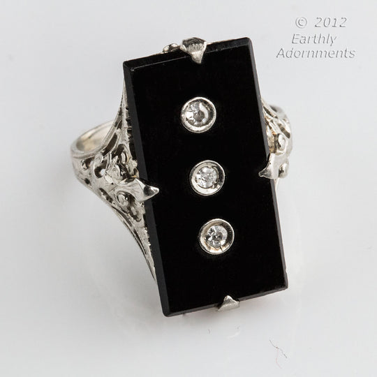 Art Deco onyx, diamond and 14k white gold filigree ring size 6 1/2. j-rgad141