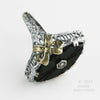 1920s Art Deco 14K White Gold Filigree Ring With Onyx, Diamond, & Applied Yellow Gold Accent. Hallmarked.