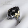 1920s Art Deco 14K White Gold Filigree Ring With Onyx, Diamond, & Applied Yellow Gold Accent. Hallmarked.