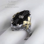 1920s Art Deco 14K White Gold Filigree Ring With Onyx, Diamond, & Applied Yellow Gold Accent. Hallmarked.