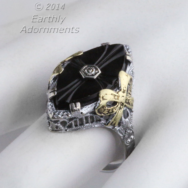 1920s Art Deco 14K White Gold Filigree Ring With Onyx, Diamond, & Applied Yellow Gold Accent. Hallmarked.