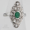 Vintage estate transitional 14k white gold filigree, emerald and diamond ring c. 1920